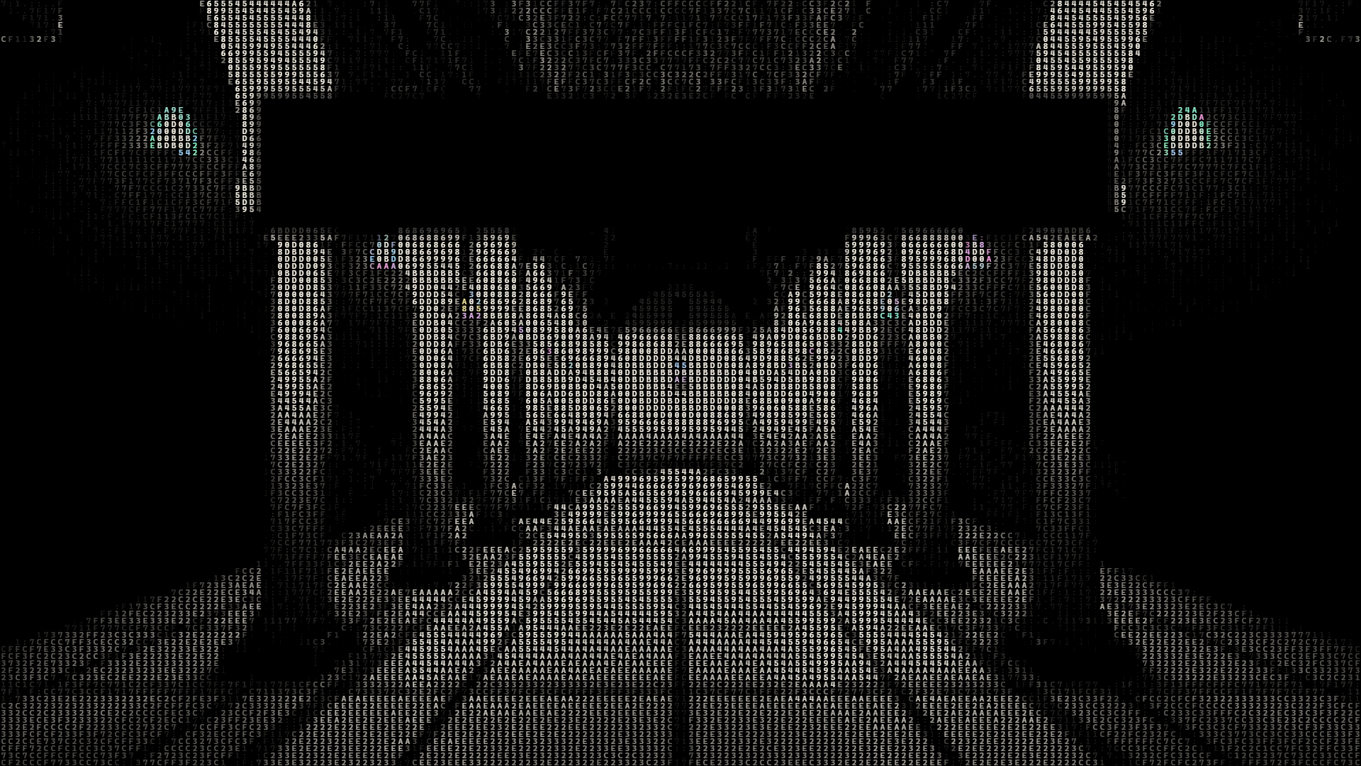 A long hall of columns and arches, drawn entirely in small characters and lit by hanging lamps.